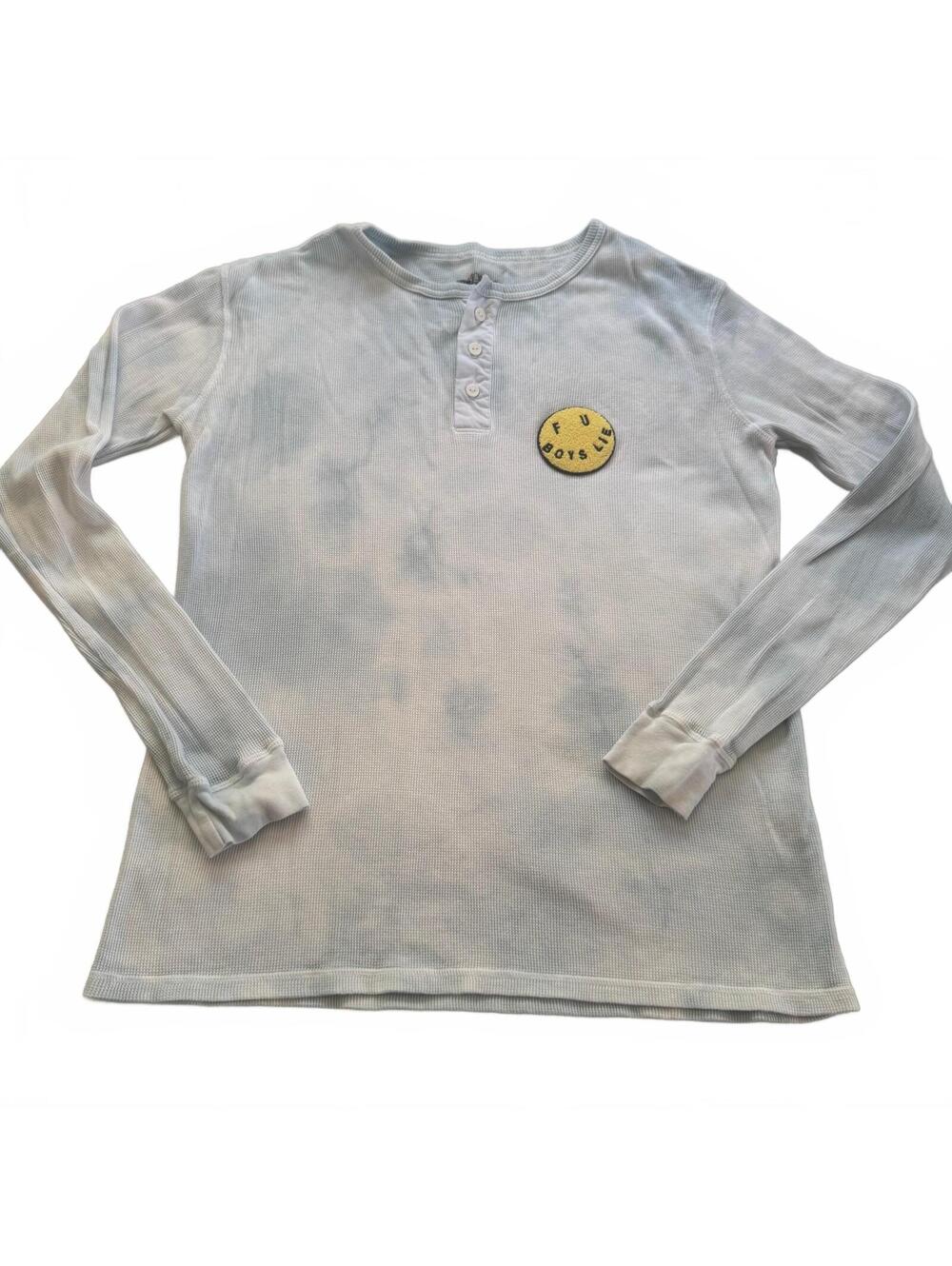 Boys Lie Henley Thermal Shirt XL One Size Blue Cloud Tie Dye Chenille Patch Top